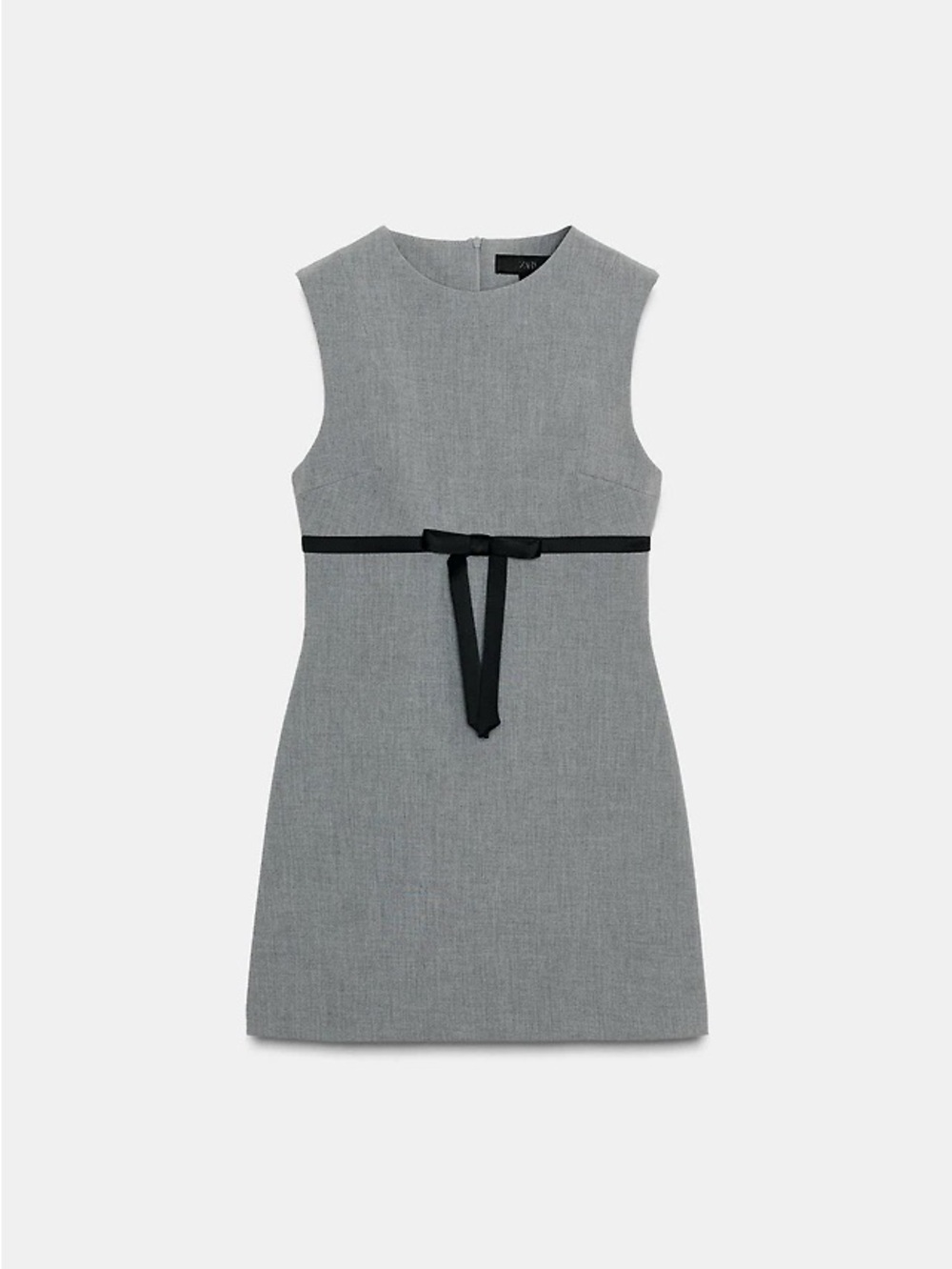 Zara Light Gray Sleeveless Mini Dress with Black Waist Tie - Picture 3 of 9
